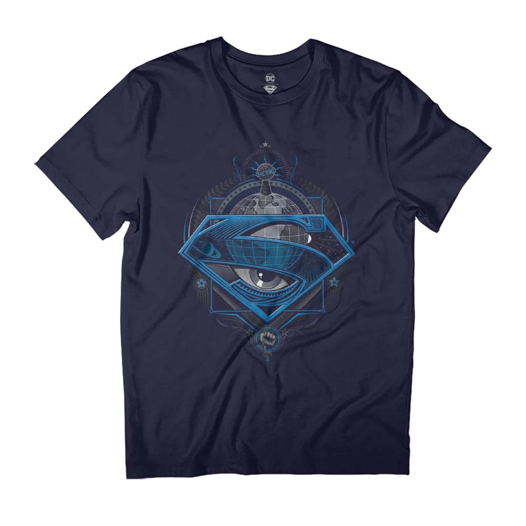 Superman Blue S Logo Daily Planet Globe Men's T-Shirt-ALL + EVERY