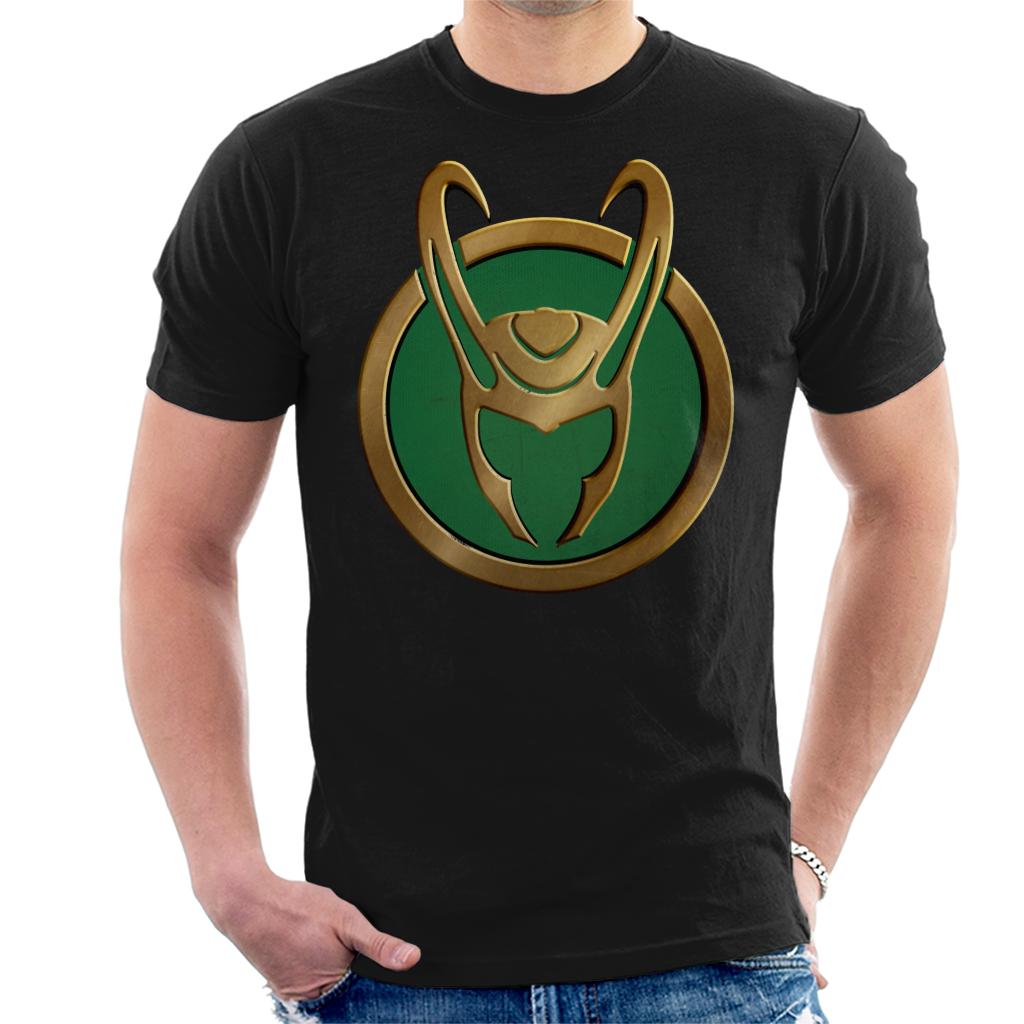 Marvel Loki Gold Horns Helmet Logo Men's T-Shirt-ALL + EVERY