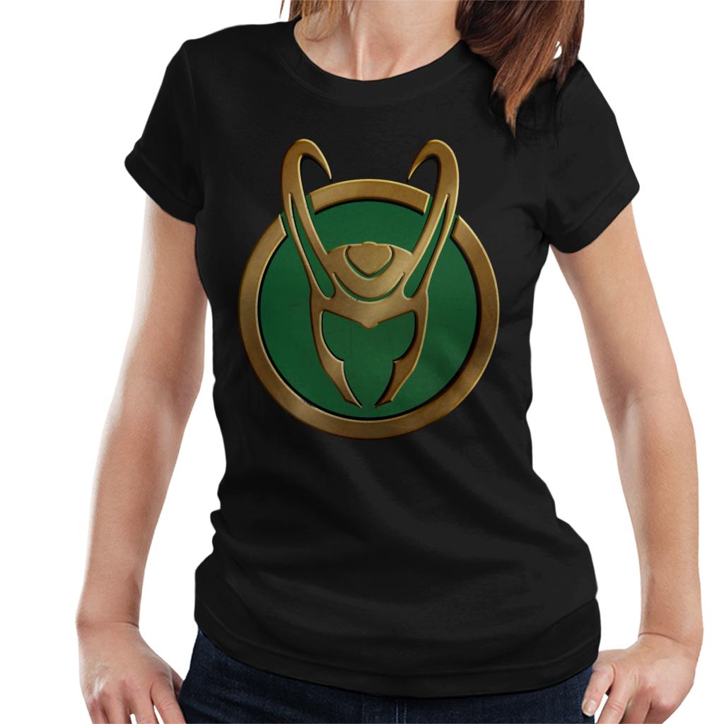 Marvel Loki Gold Horns Helmet Logo Women's T-Shirt-ALL + EVERY