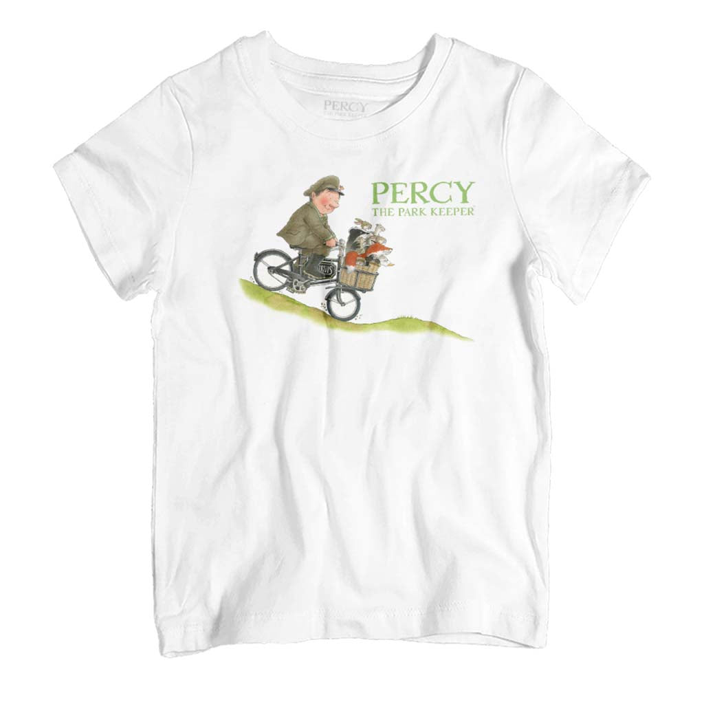 Percy The Park Keeper Percy On Bike With Animals Kid's T-Shirt-ALL + EVERY