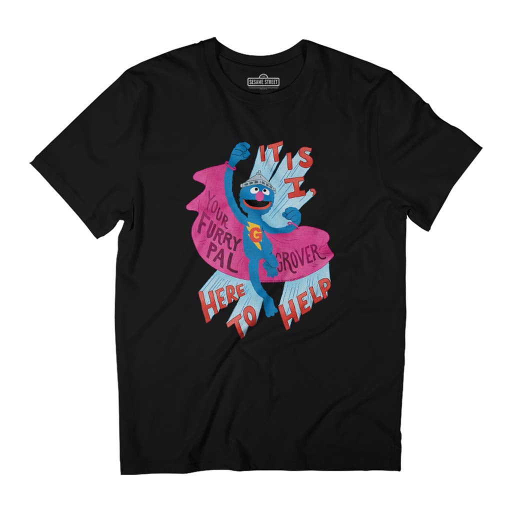 Sesame Street Superhero Grover Here To Help Men's T-Shirt-ALL + EVERY