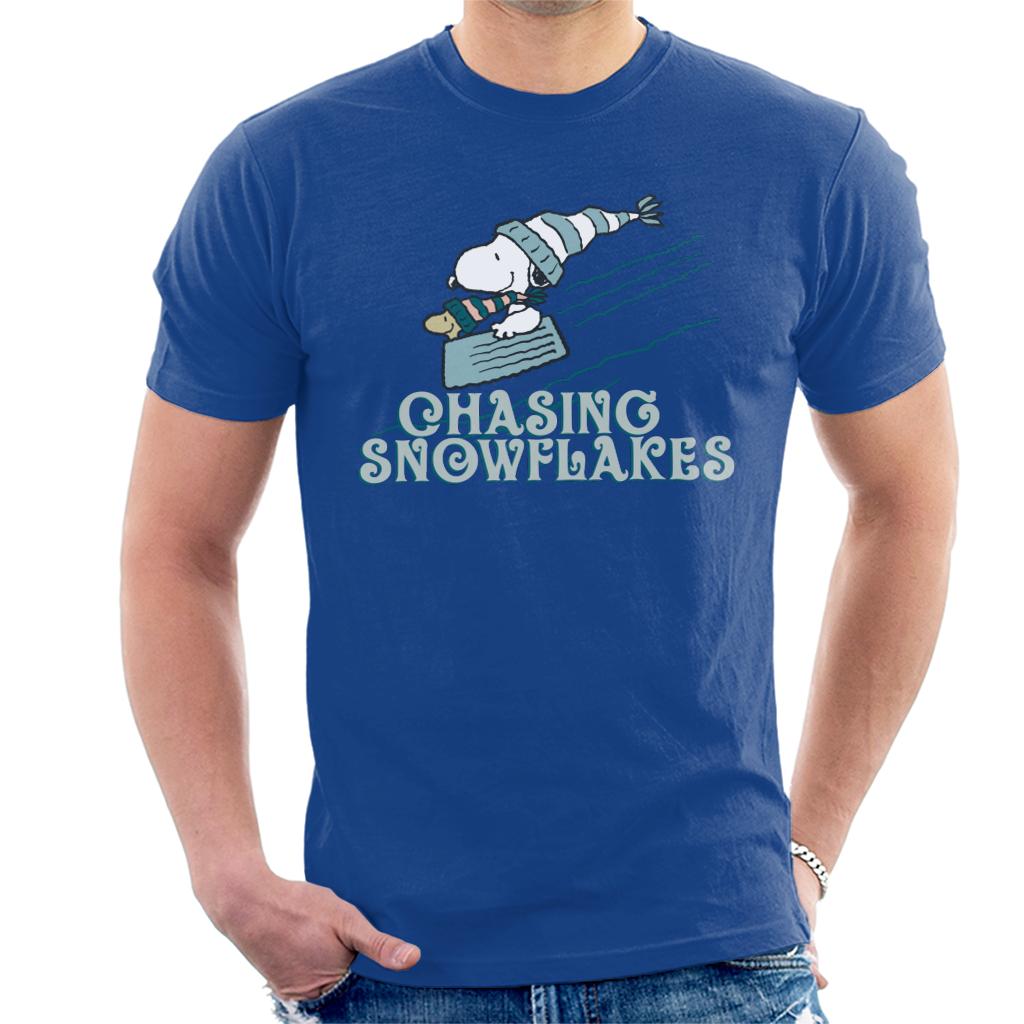 Peanuts Christmas Snoopy Chasing Snowflakes Men's T-Shirt-ALL + EVERY