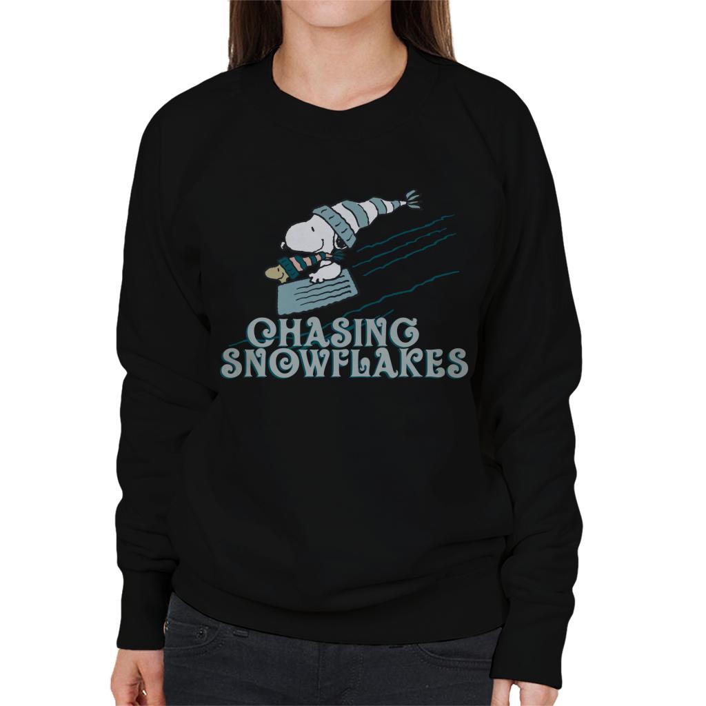 Peanuts Christmas Snoopy Chasing Snowflakes Women's Sweatshirt-ALL + EVERY