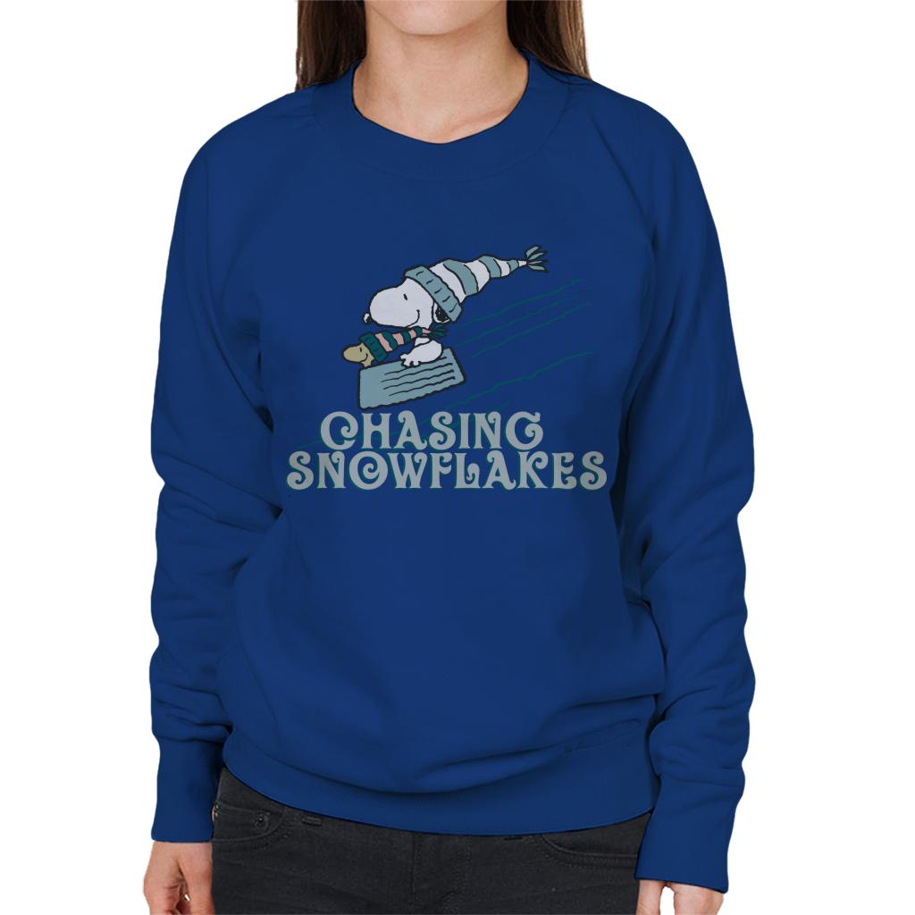 Peanuts Christmas Snoopy Chasing Snowflakes Women's Sweatshirt-ALL + EVERY