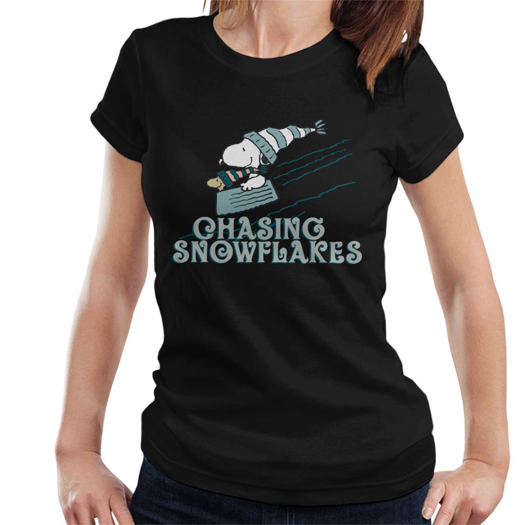 Peanuts Christmas Snoopy Chasing Snowflakes Women's T-Shirt-ALL + EVERY