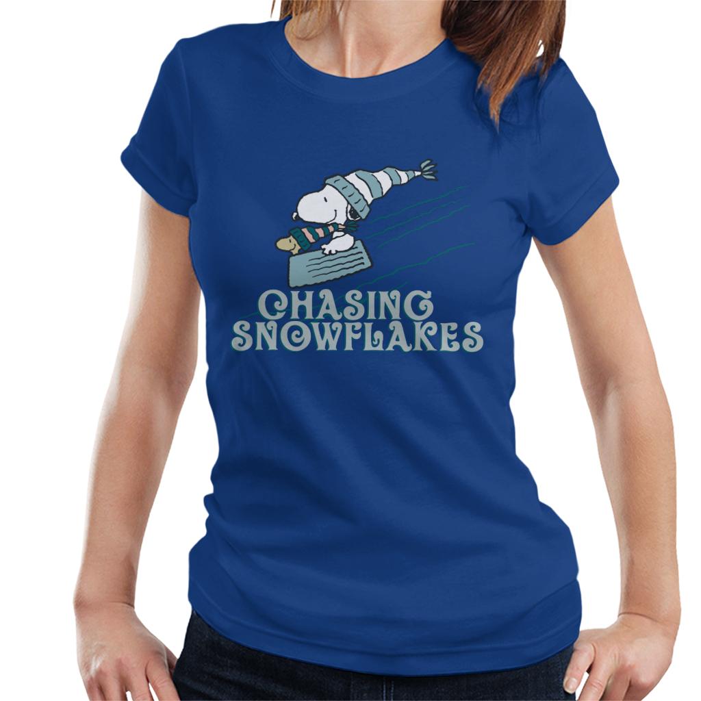 Peanuts Christmas Snoopy Chasing Snowflakes Women's T-Shirt-ALL + EVERY