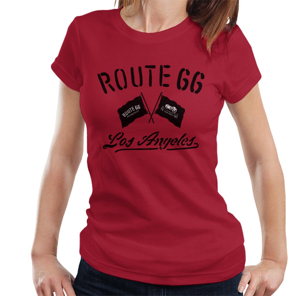 Route 66 Motorcycle Flags Los Angeles Women's T-Shirt-ALL + EVERY