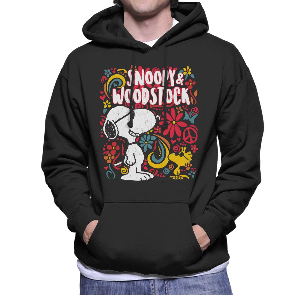 Peanuts-70s-Floral-Snoopy-And-Woodstock-Mens-Hooded-Sweatshirt