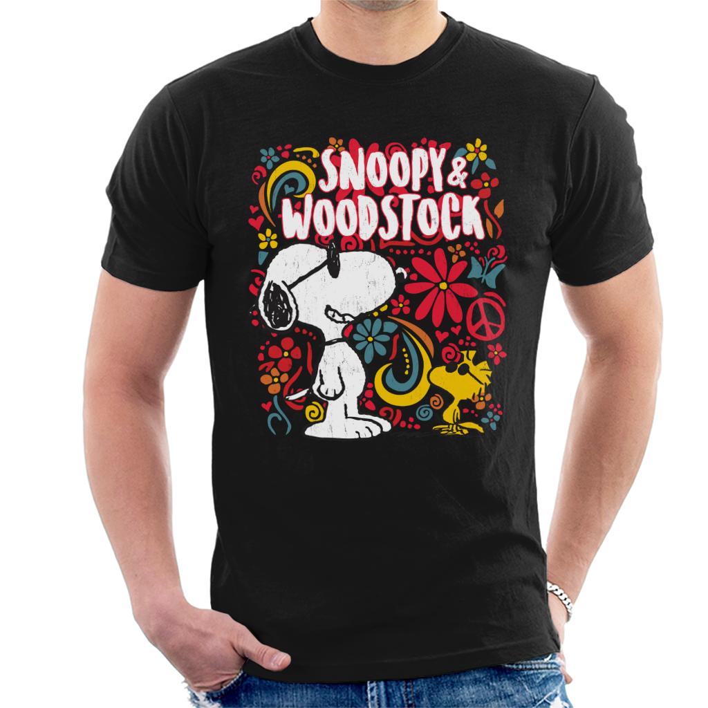Peanuts-70s-Floral-Snoopy-And-Woodstock-Mens-T-Shirt