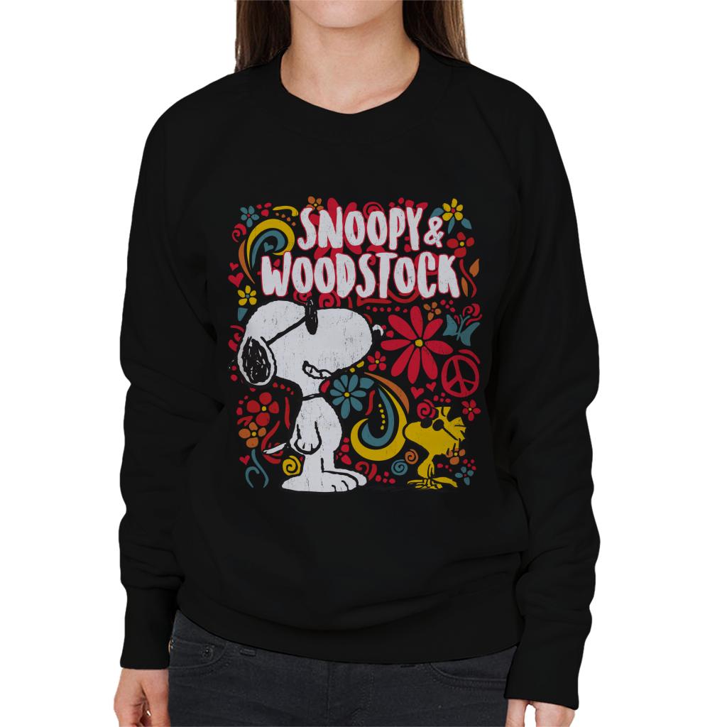 Peanuts-70s-Floral-Snoopy-And-Woodstock-Womens-Sweatshirt