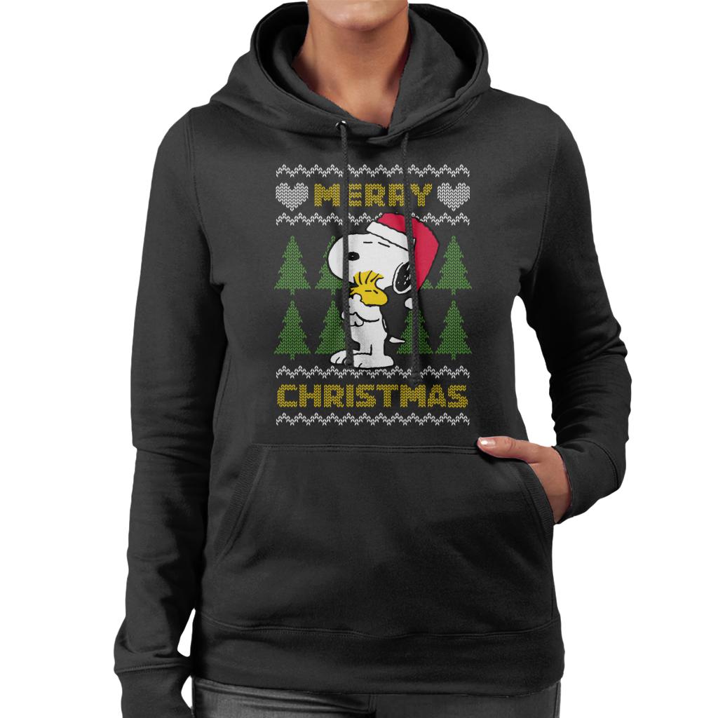 Peanuts-Snoopy-Hugs-Merry-Christmas-Knit-Pattern-Womens-Hooded-Sweatshirt