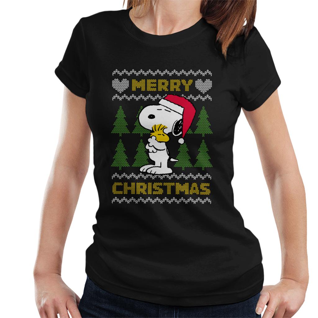 Peanuts-Snoopy-Hugs-Merry-Christmas-Knit-Pattern-Womens-T-Shirt