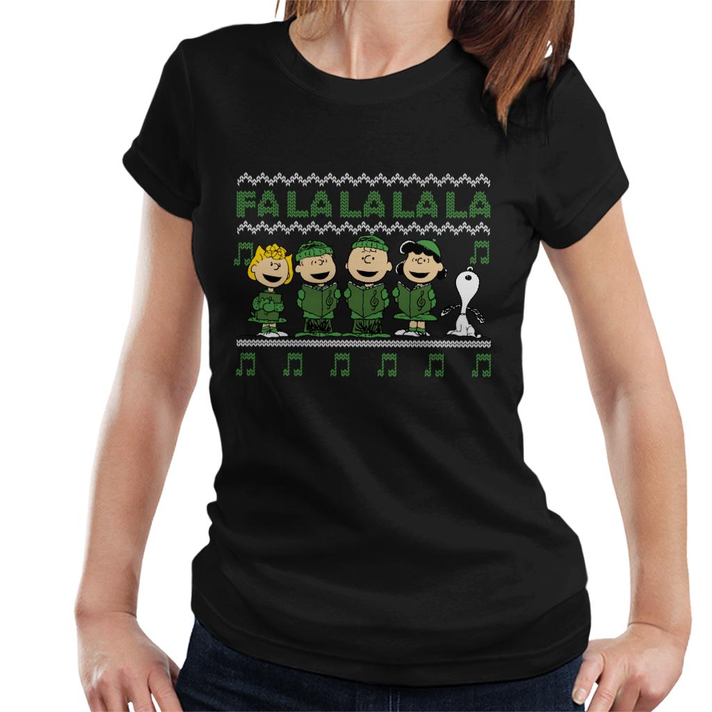 Peanuts-Characters-Singing-A-Christmas-Carol-Falalalala-Womens-T-Shirt