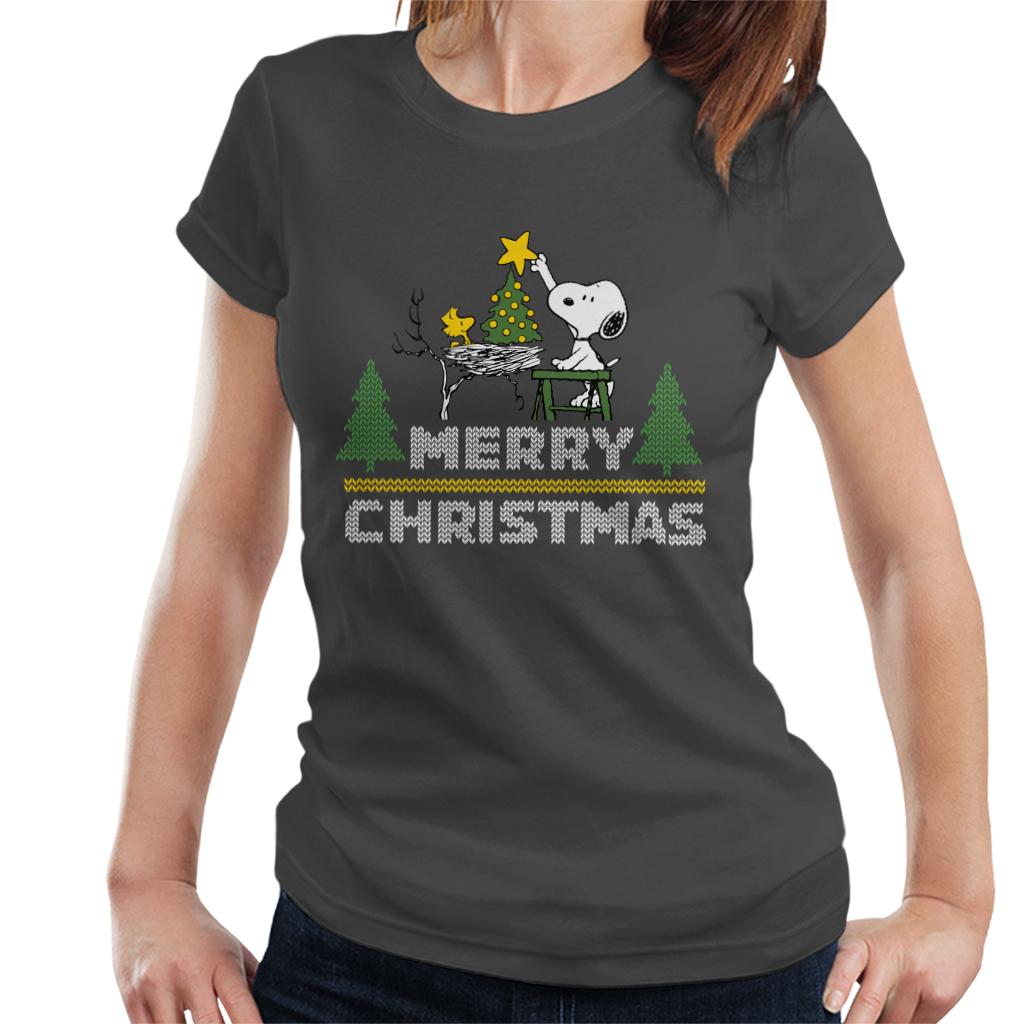 Peanuts Snoopy And Woodstock Decorating Xmas Tree Women's T-Shirt-ALL + EVERY