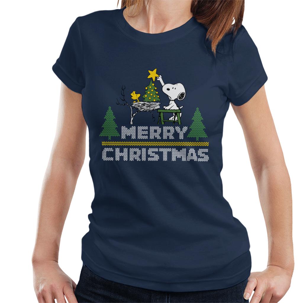 Peanuts Snoopy And Woodstock Decorating Xmas Tree Women's T-Shirt-ALL + EVERY