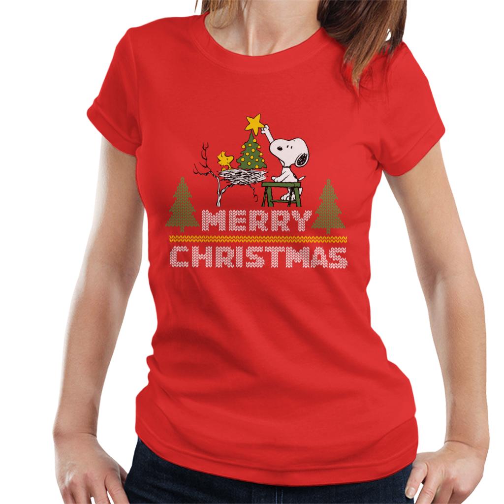 Peanuts Snoopy And Woodstock Decorating Xmas Tree Women's T-Shirt-ALL + EVERY