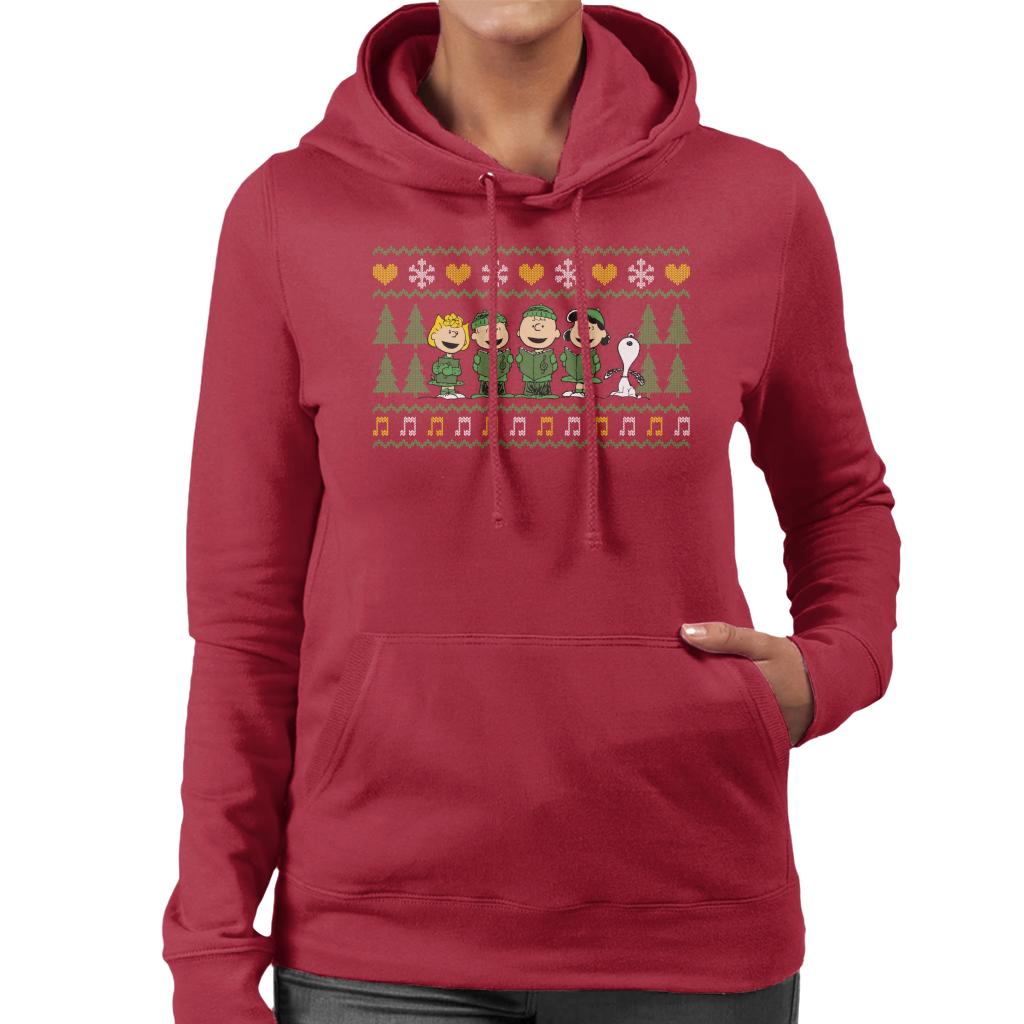 Peanuts Characters Xmas Choir Carol Women's Hooded Sweatshirt-ALL + EVERY