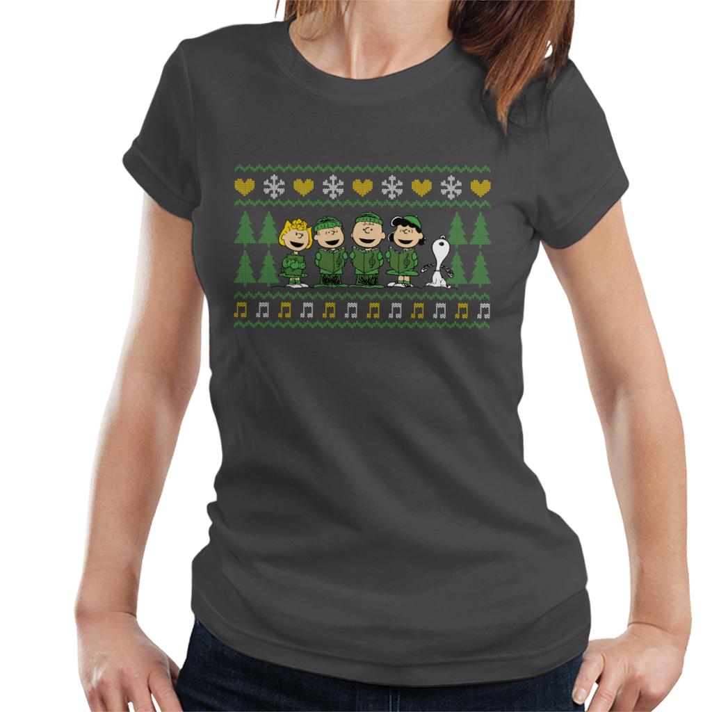 Peanuts Characters Xmas Choir Carol Women's T-Shirt-ALL + EVERY
