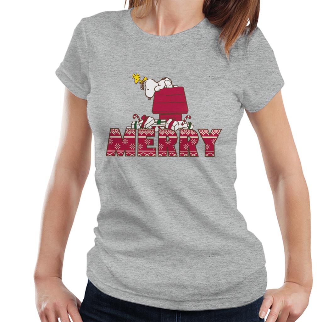 Peanuts Candy Cane Covered Christmas Presents Women's T-Shirt-ALL + EVERY