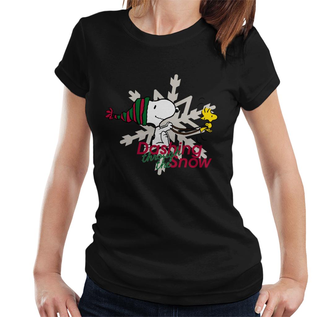 Peanuts-Snoopy-And-Woodstock-Dashing-Through-The-Snow-Womens-T-Shirt