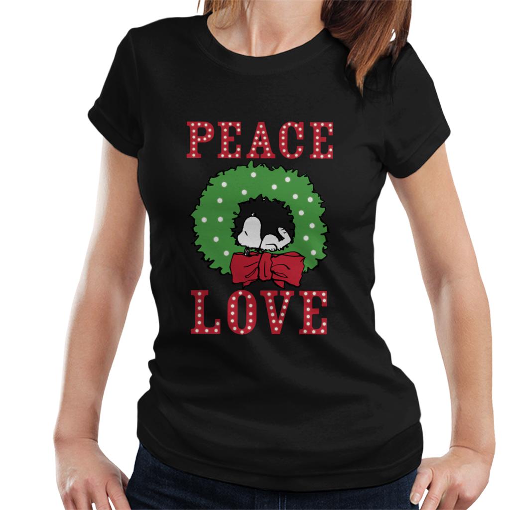 Peanuts-Snoopy-Sleeping-In-A-Holly-Wreath-Womens-T-Shirt
