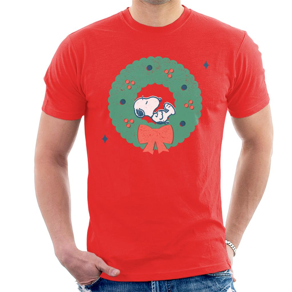 Peanuts Snoopy Holly Wreath Nap Men's T-Shirt-ALL + EVERY