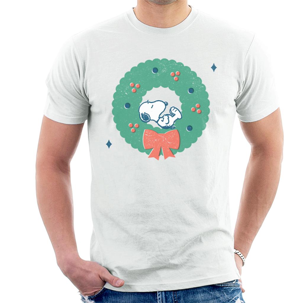 Peanuts Snoopy Holly Wreath Nap Men's T-Shirt-ALL + EVERY