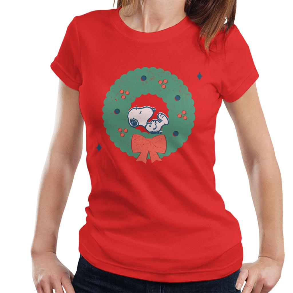 Peanuts Snoopy Holly Wreath Nap Women's T-Shirt-ALL + EVERY