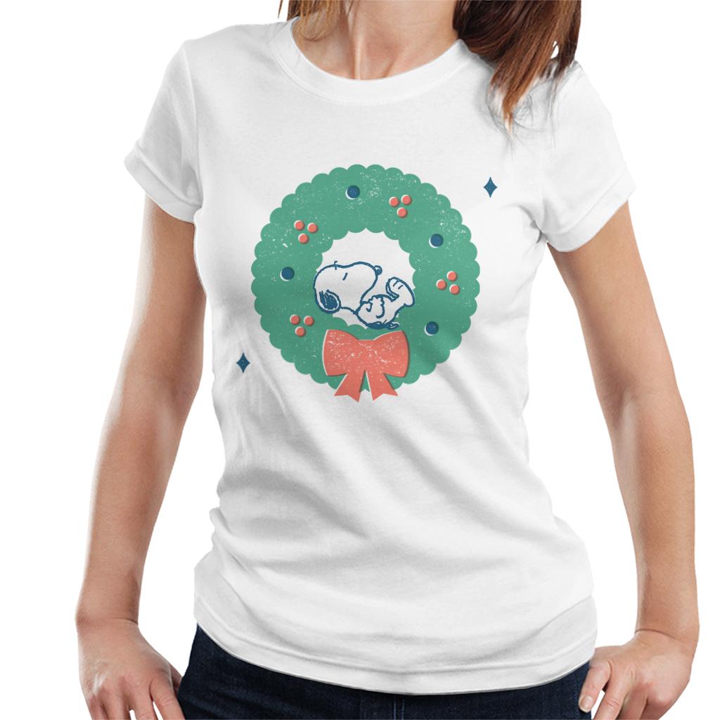 Peanuts Snoopy Holly Wreath Nap Women's T-Shirt-ALL + EVERY