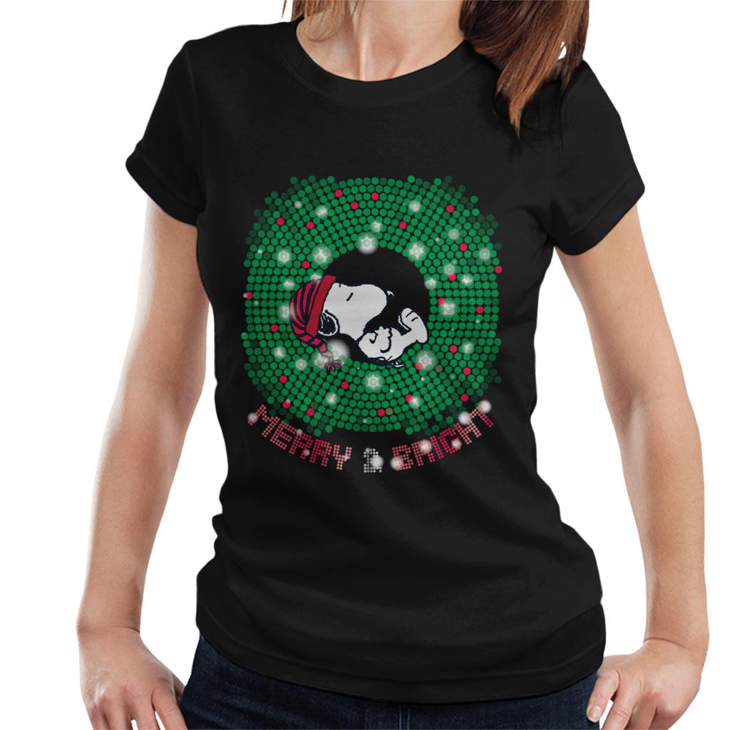 Peanuts-Snoopy-Asleep-Merry-And-Bright-Womens-T-Shirt