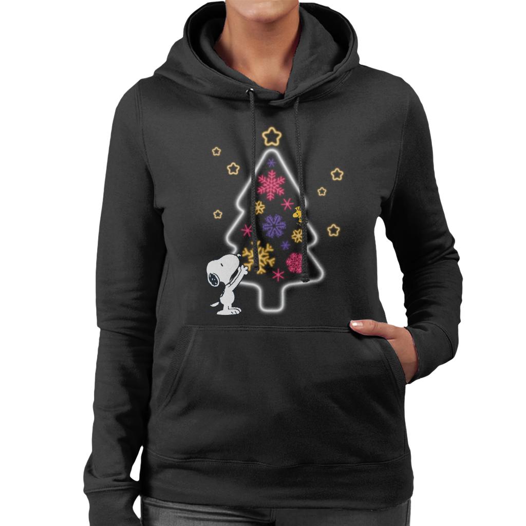 Peanuts-Snoopy-Woodstock-Xmas-Tree-Neon-Glow-Womens-Hooded-Sweatshirt