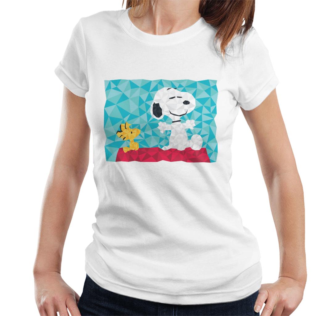 Peanuts Snoopy Woodstock Sitting On Kennel Geometric Women's T-Shirt-ALL + EVERY