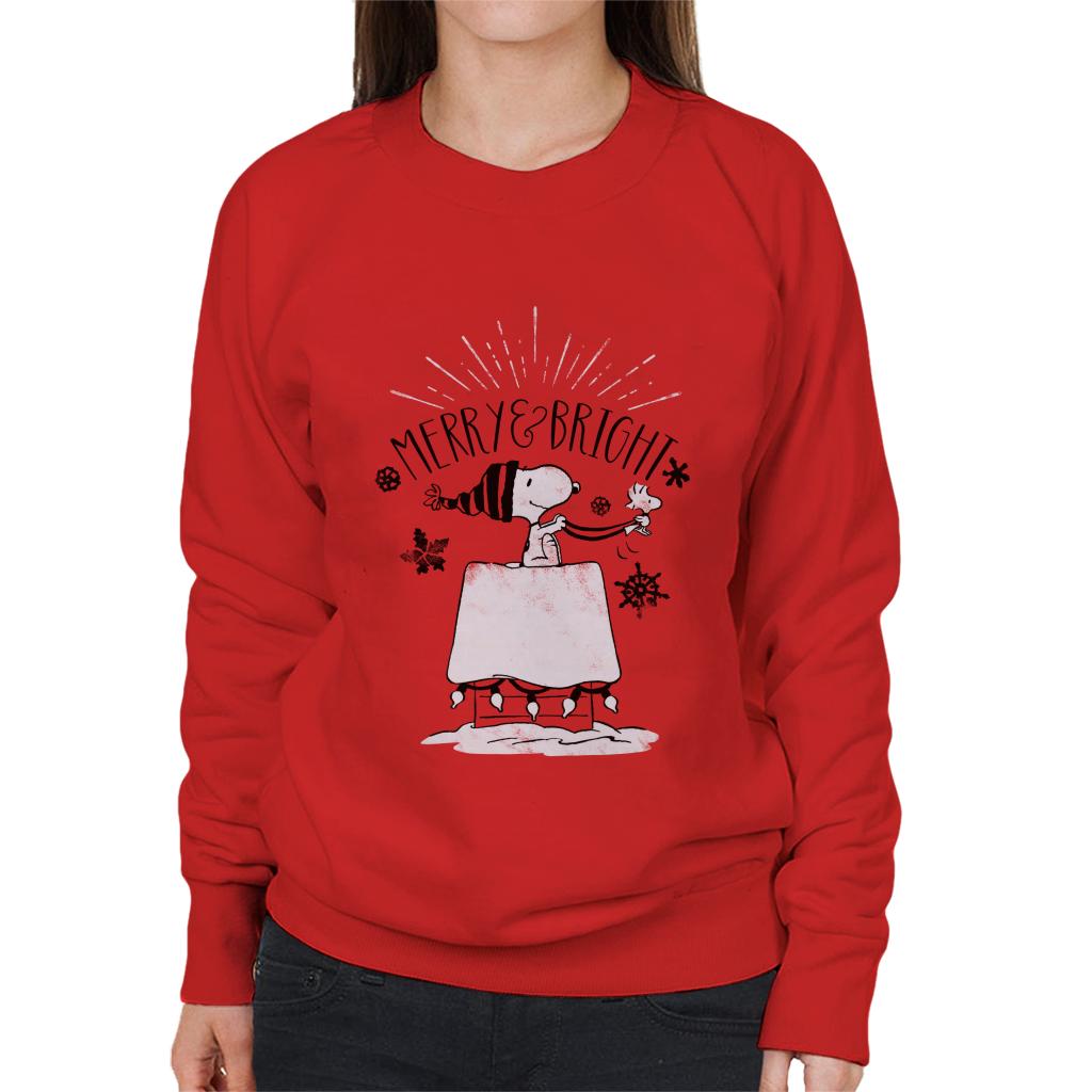 Peanuts Christmas Snoopy And Woodstock Merry And Bright Women's Sweatshirt-ALL + EVERY