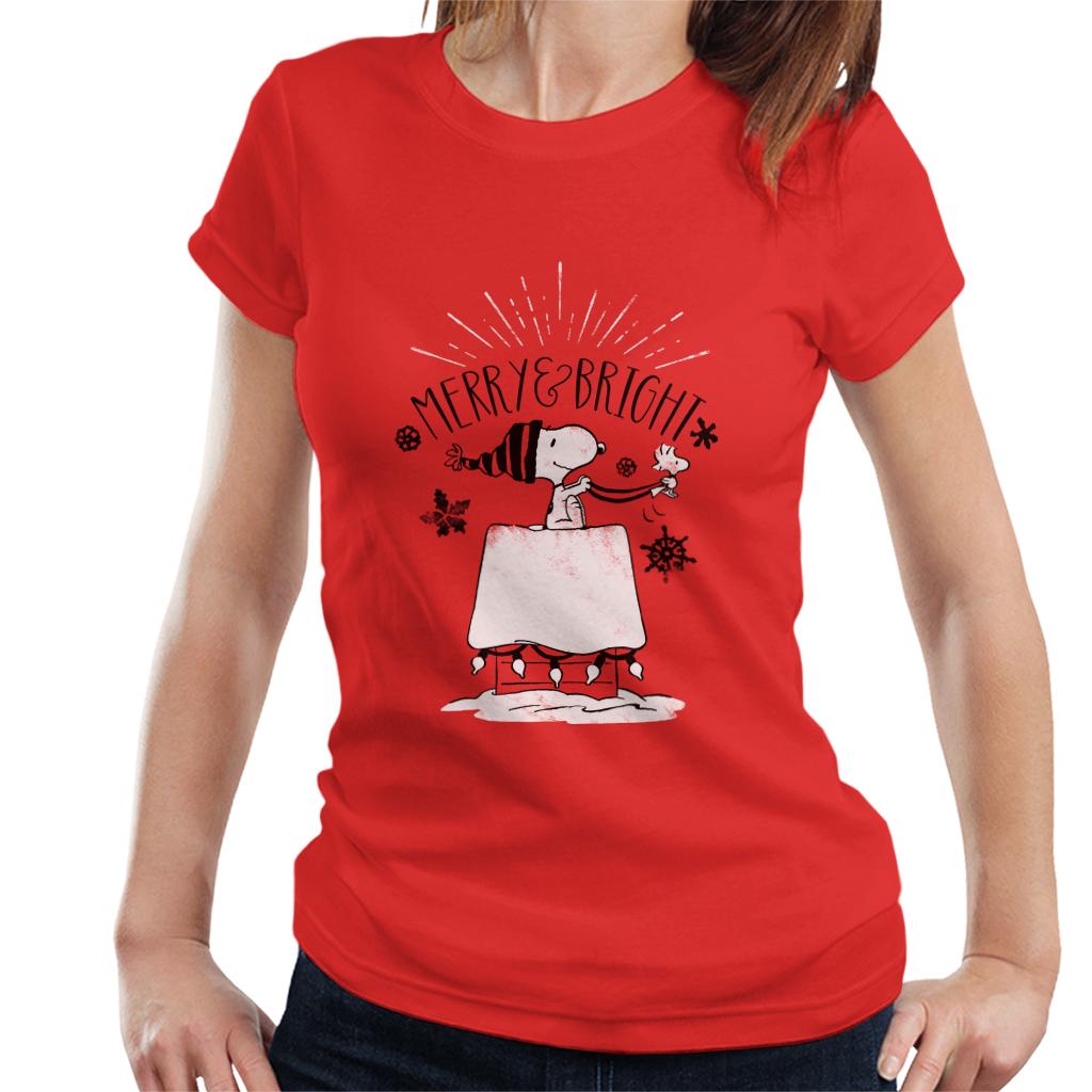 Peanuts Christmas Snoopy And Woodstock Merry And Bright Women's T-Shirt-ALL + EVERY