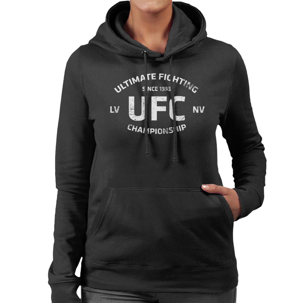 UFC Distressed White Text Logo Women's Hooded Sweatshirt-ALL + EVERY