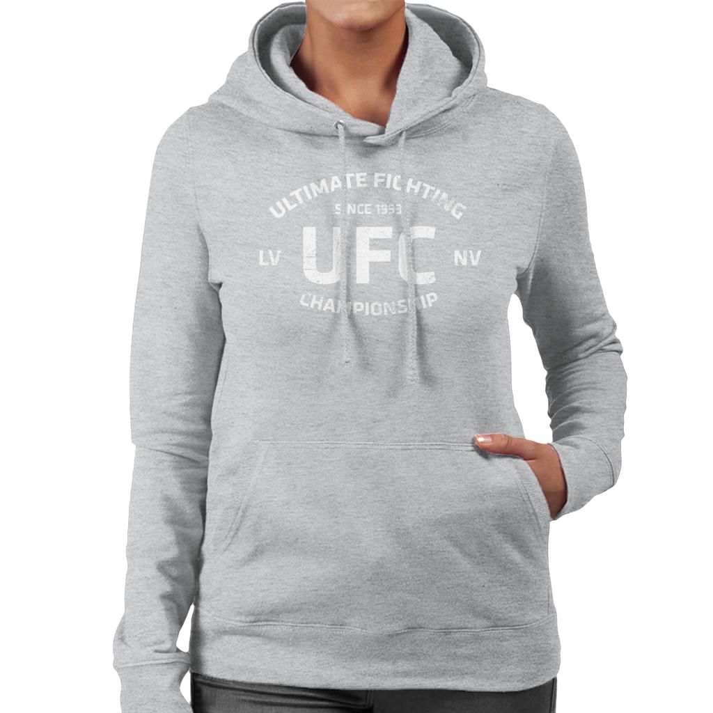 UFC Distressed White Text Logo Women's Hooded Sweatshirt-ALL + EVERY