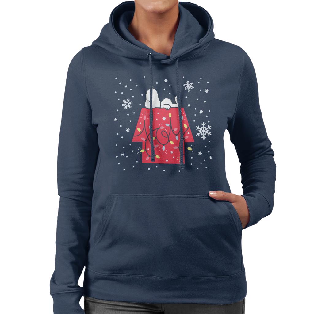 Peanuts Christmas Snoopy Lying Down Snowflakes Women's Hooded Sweatshirt-ALL + EVERY