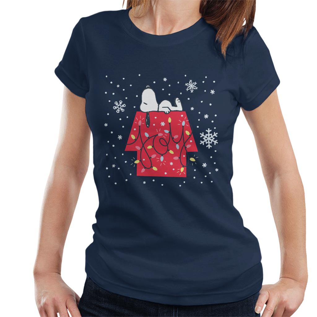 Peanuts Christmas Snoopy Lying Down Snowflakes Women's T-Shirt-ALL + EVERY