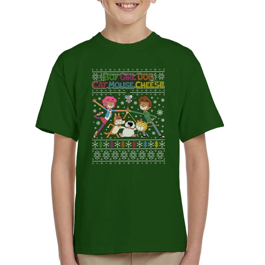 Boy Girl Dog Cat Mouse Cheese Christmas Knitted Pattern Kid's T-Shirt-ALL + EVERY