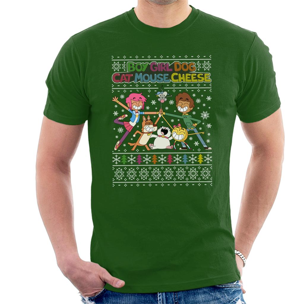 Boy Girl Dog Cat Mouse Cheese Christmas Knitted Pattern Men's T-Shirt-ALL + EVERY