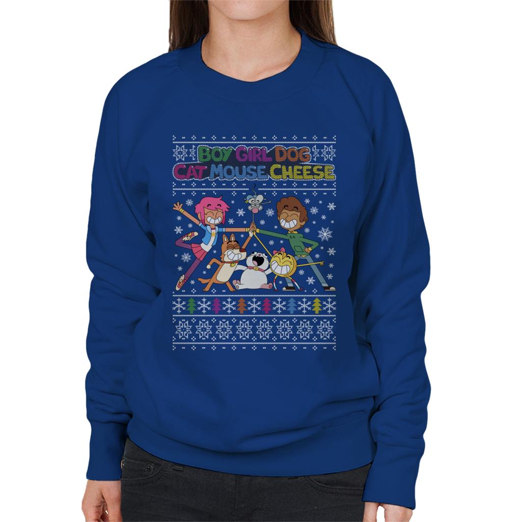 Boy Girl Dog Cat Mouse Cheese Christmas Knitted Pattern Women's Sweatshirt-ALL + EVERY