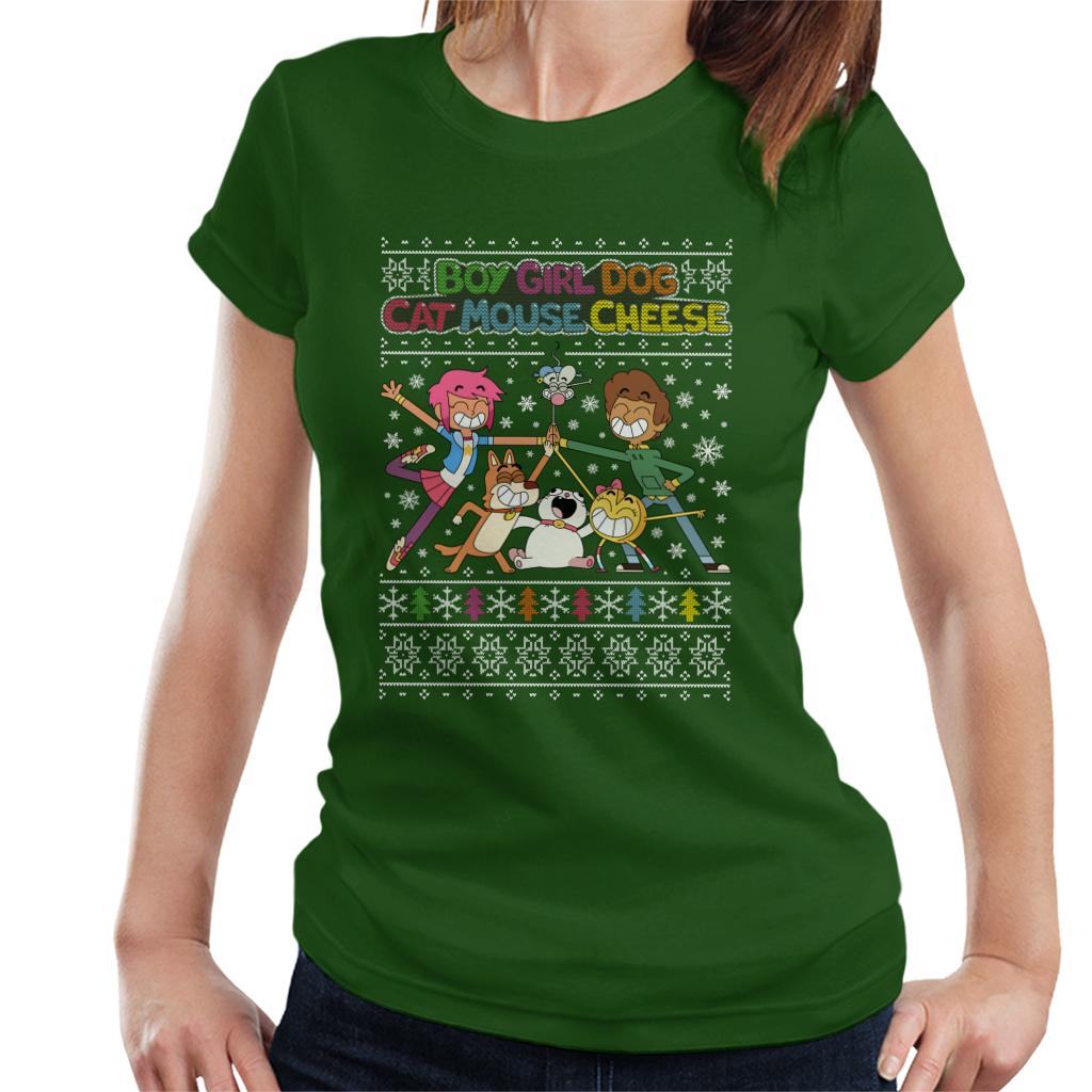 Boy Girl Dog Cat Mouse Cheese Christmas Knitted Pattern Women's T-Shirt-ALL + EVERY