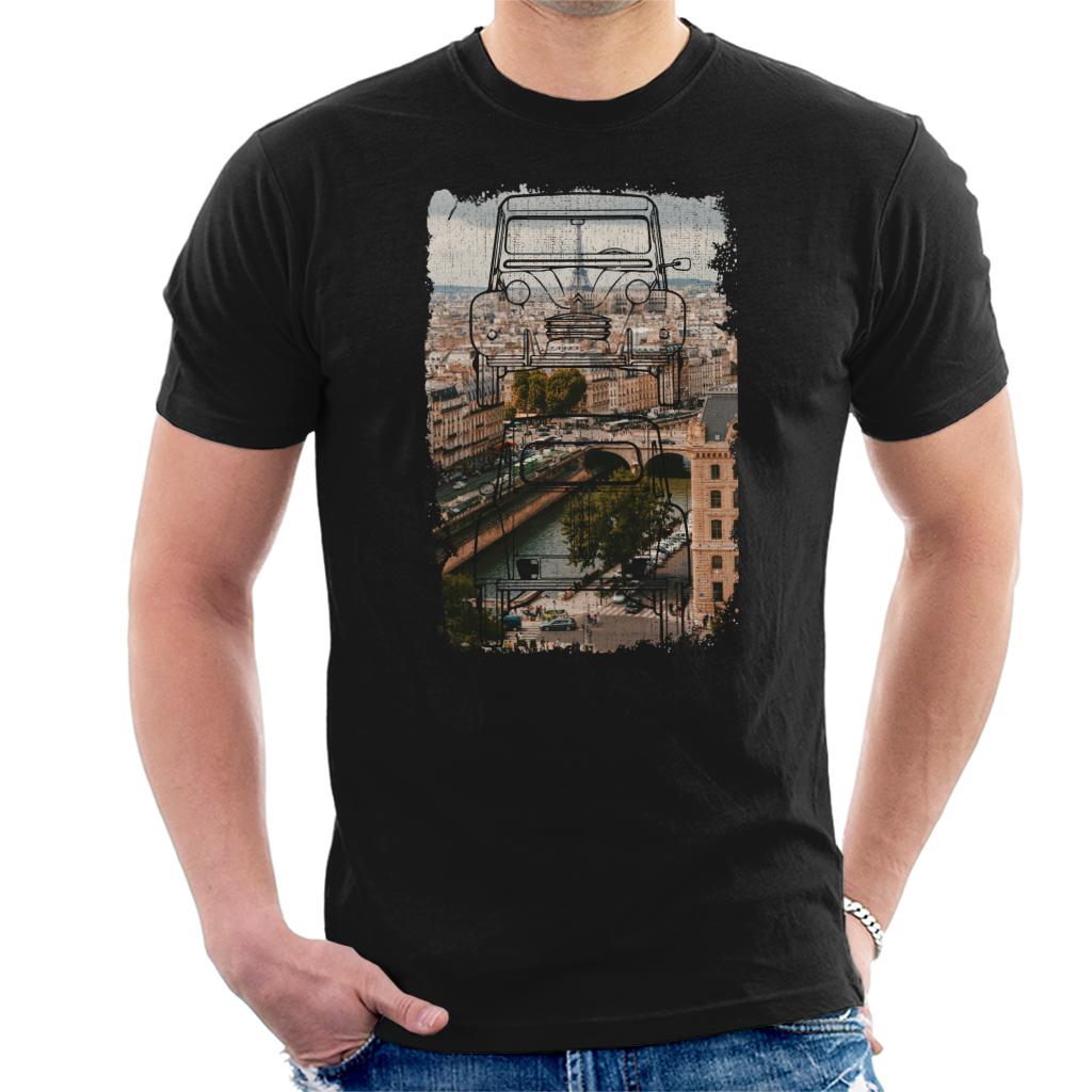 Citroën 2CV Retro Drawing Over Paris Men's T-Shirt-ALL + EVERY