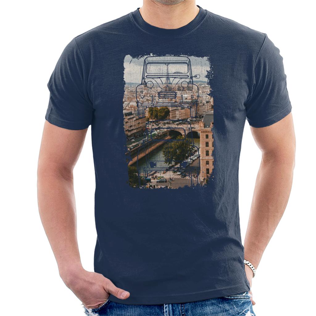 Citroën 2CV Retro Drawing Over Paris Men's T-Shirt-ALL + EVERY