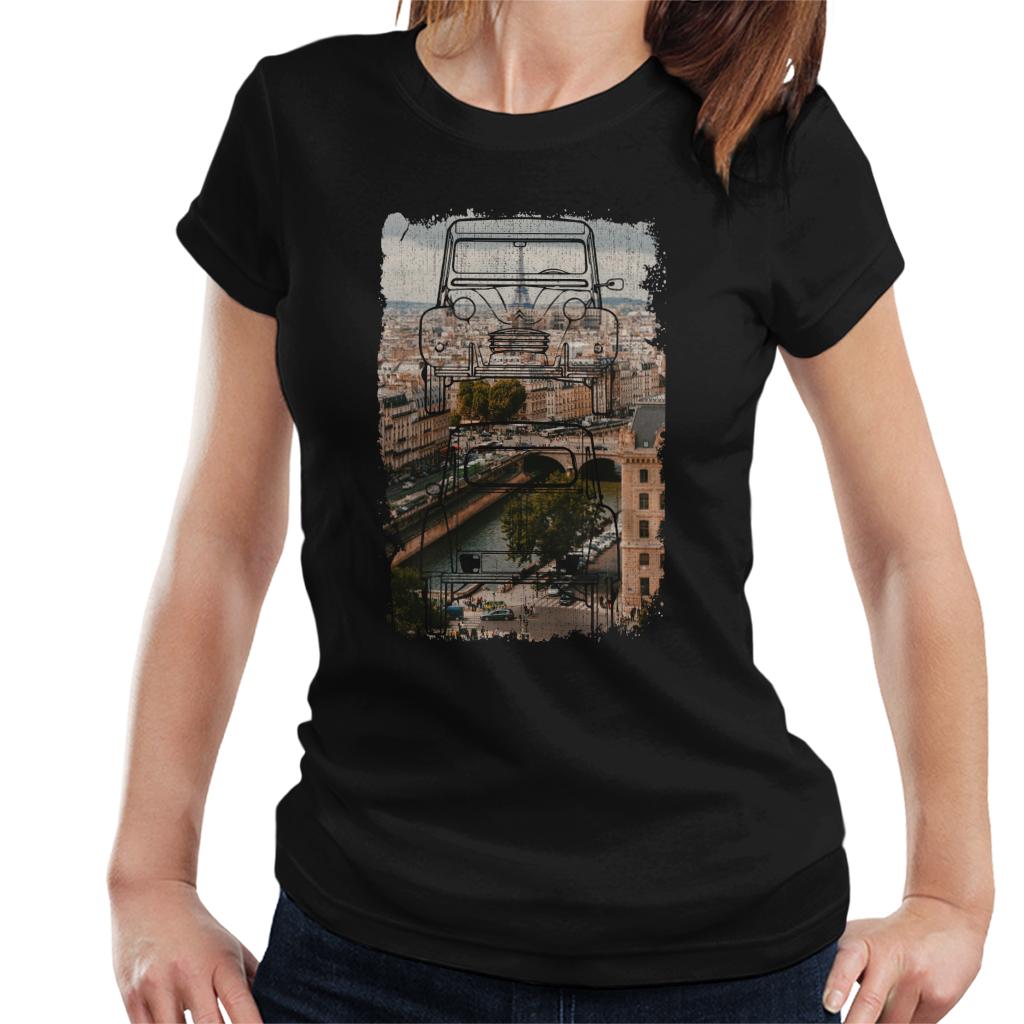 Citroën 2CV Retro Drawing Over Paris Women's T-Shirt-ALL + EVERY