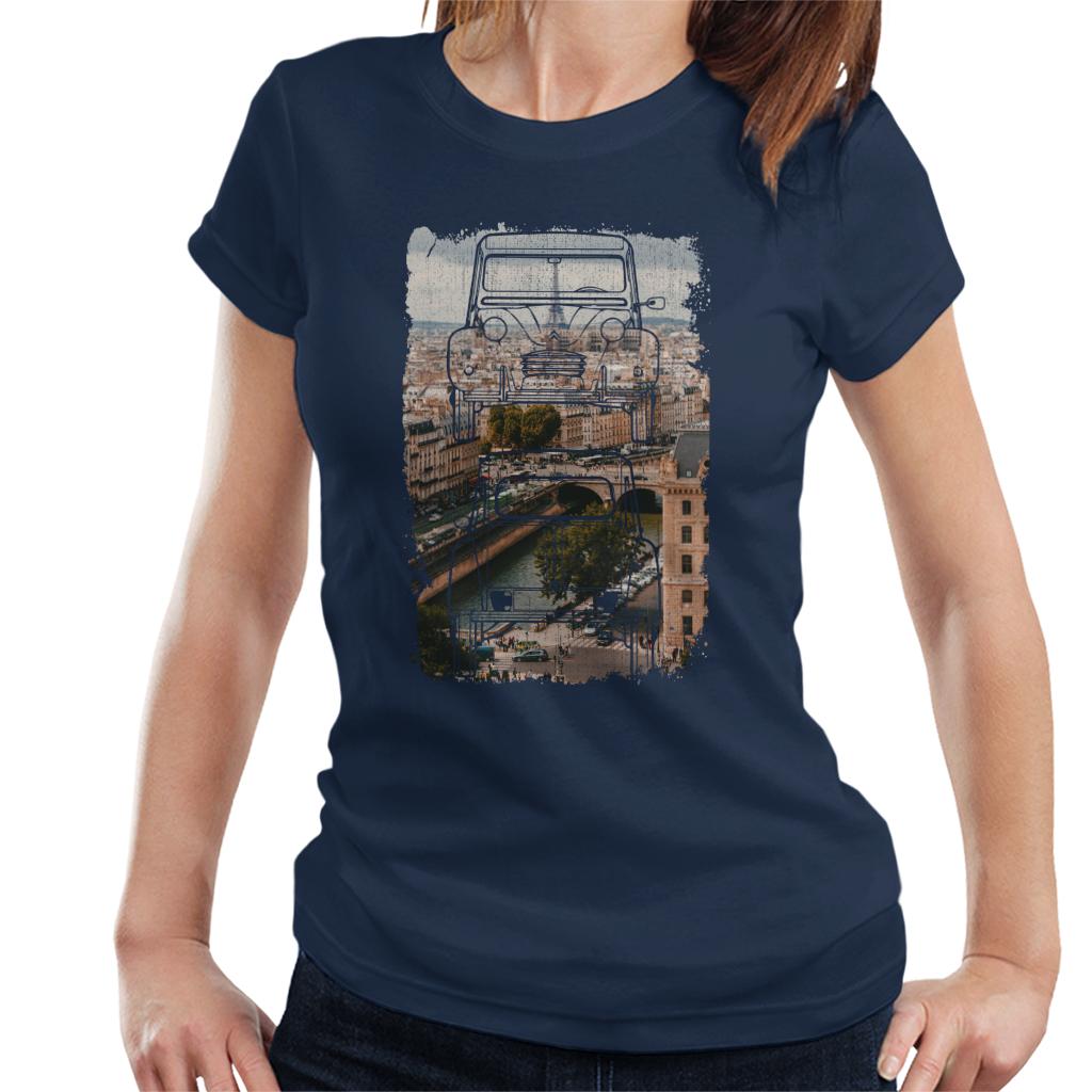 Citroën 2CV Retro Drawing Over Paris Women's T-Shirt-ALL + EVERY