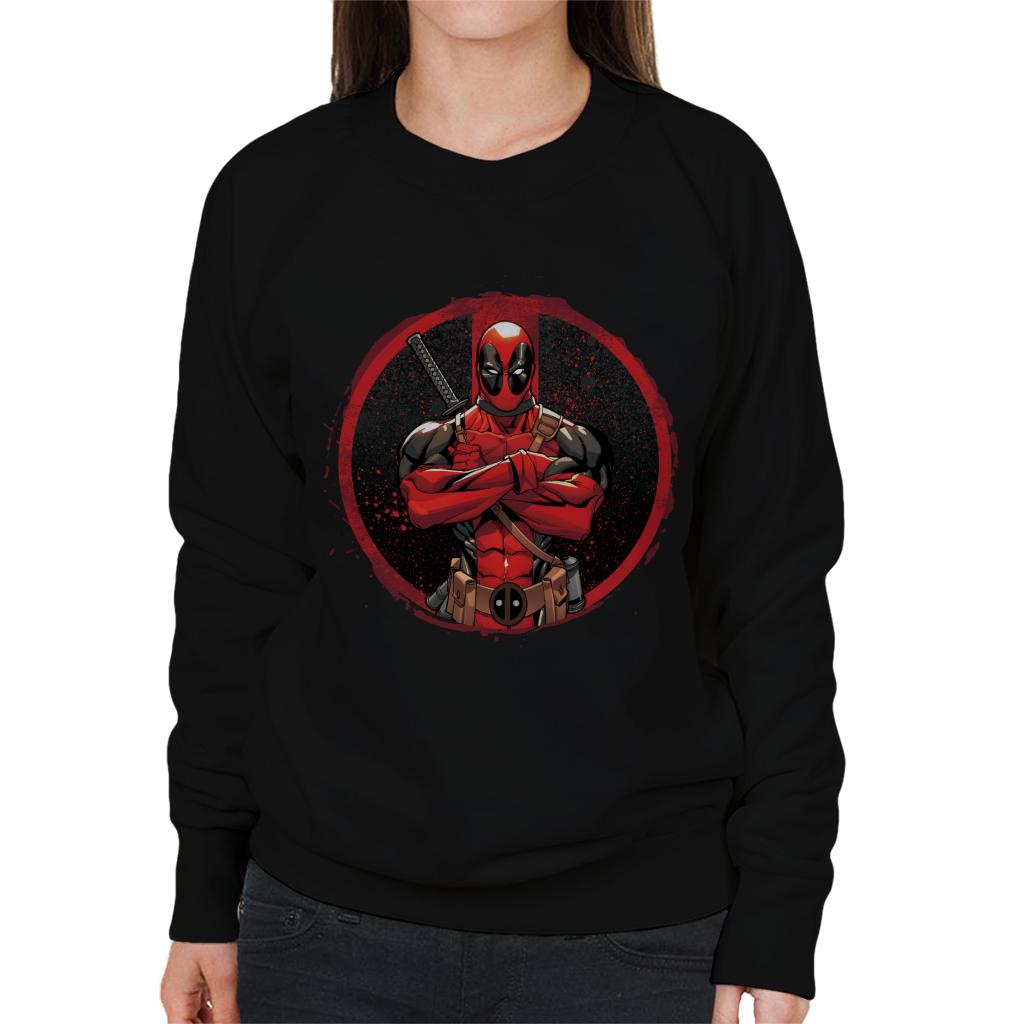 Marvel Deadpool Blood Splatter Arms Folded Women's Sweatshirt-ALL + EVERY