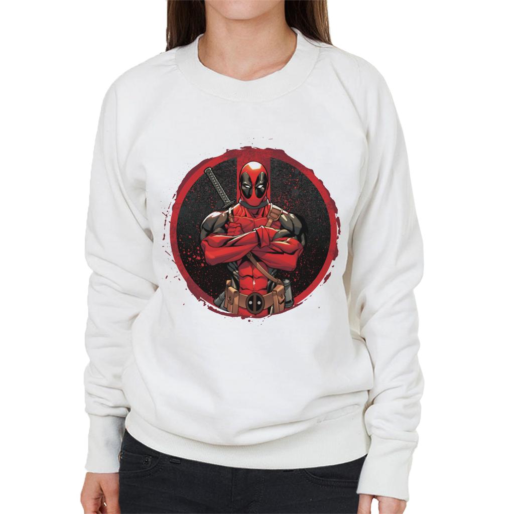 Marvel Deadpool Blood Splatter Arms Folded Women's Sweatshirt-ALL + EVERY