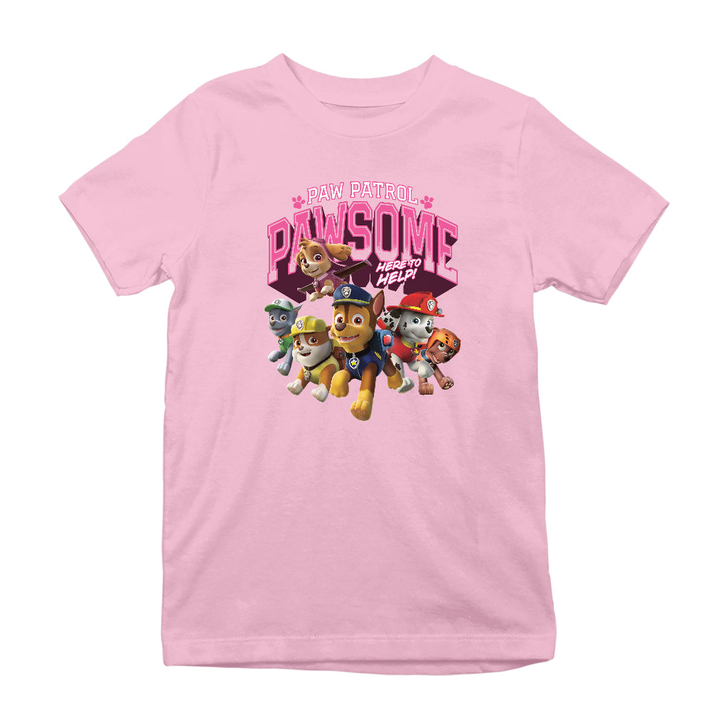 PAW Patrol Pawsome Pups Here To Help Pink Logo Kid's T-Shirt-ALL + EVERY