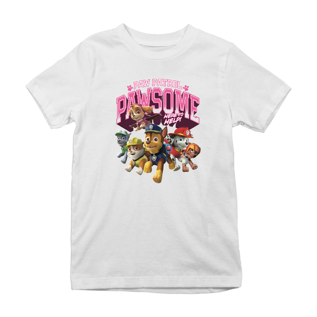 PAW Patrol Pawsome Pups Here To Help Pink Logo Kid's T-Shirt-ALL + EVERY